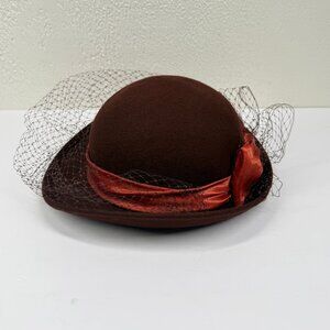 Vintage Georgi Brown Felt Hat Satin Bow Netting Accent Made in USA